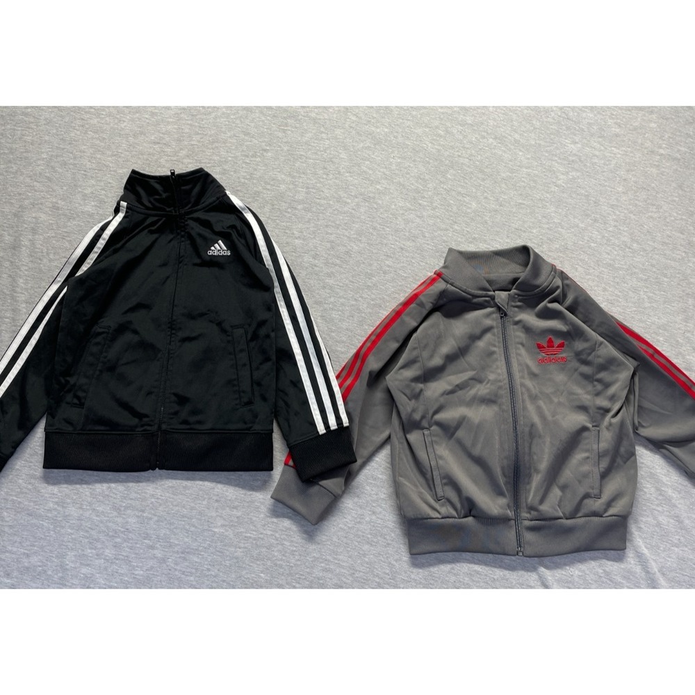 Adidas Track Jacket Youth Boys 4 Black Gray 3 Stripes Full Zip Athletic Lot Of 2
